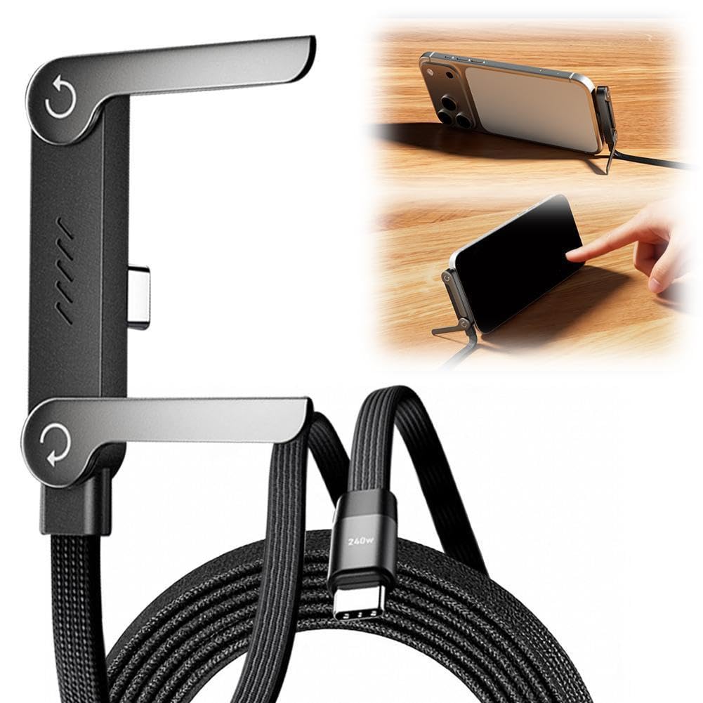 Tangle-free braided 240W USB-C cable with stand folded flat