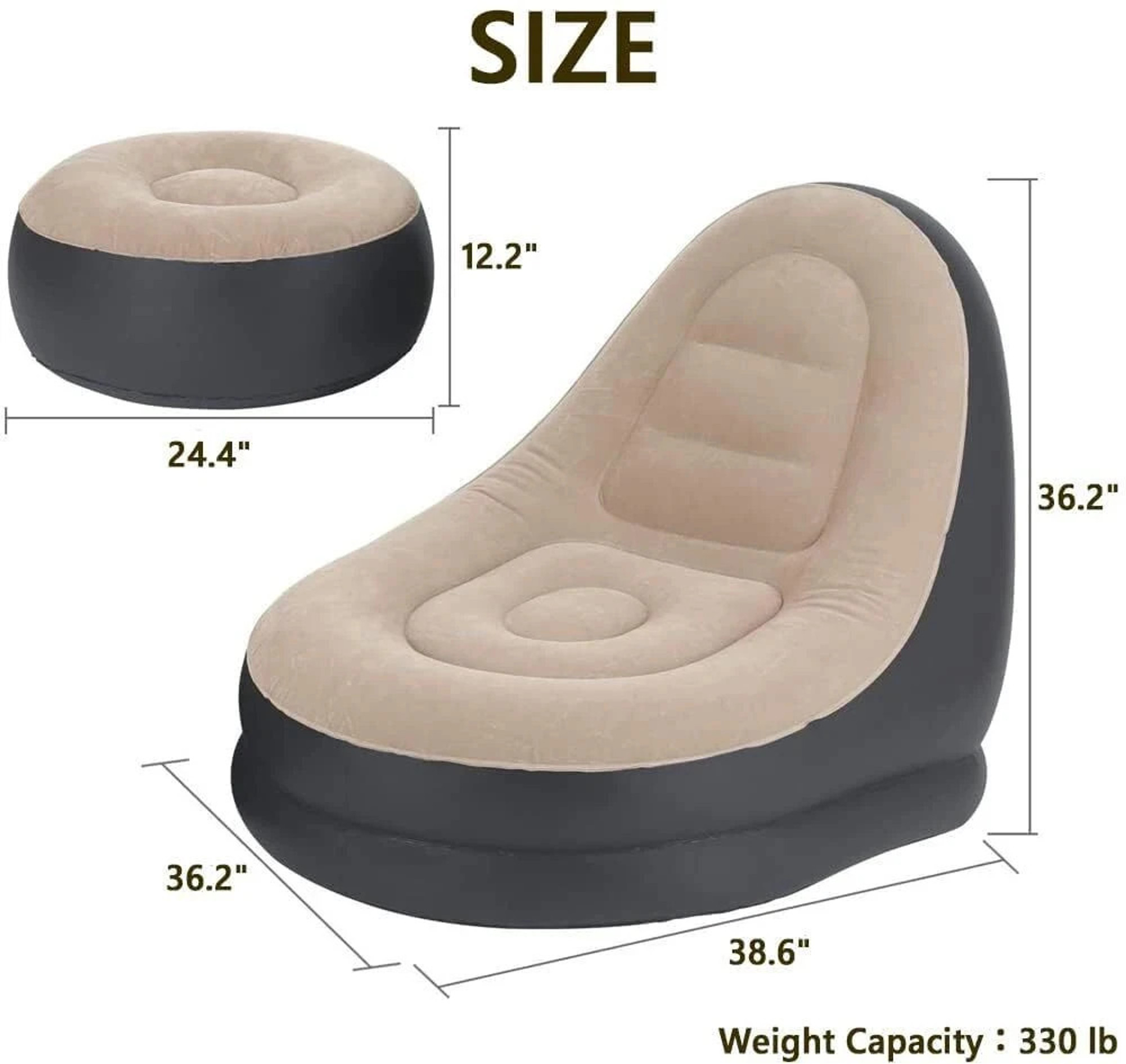 Flocking air sofa inflated on terrace with pillows and throw