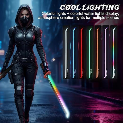 Cosplay performer holding LED spark sword at photoshoot