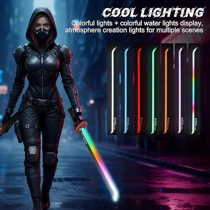 Cosplay performer holding LED spark sword at photoshoot