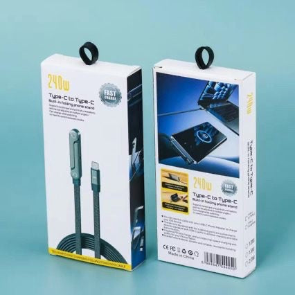 Tangle-free braided 240W USB-C cable with stand folded flat