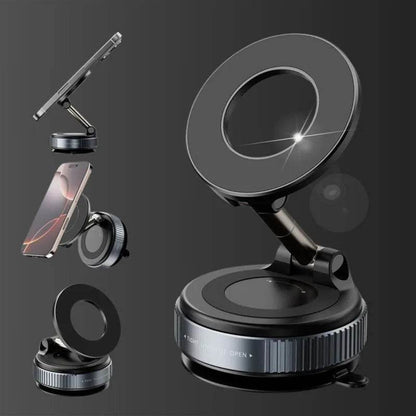Magnetic phone mount holding smartphone hands-free in car